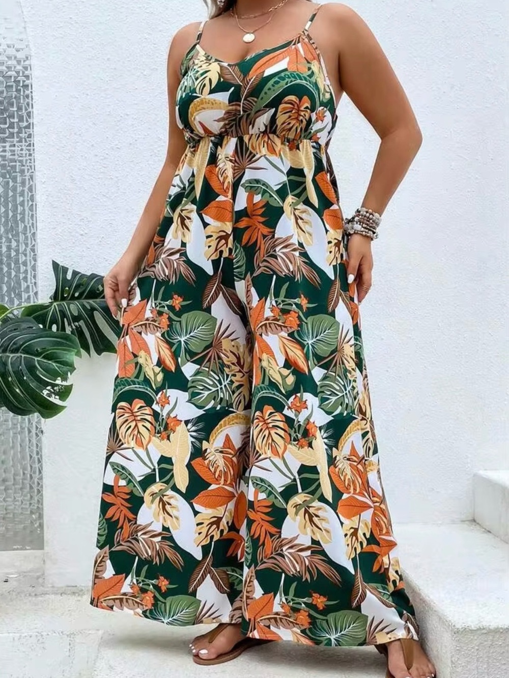 Tropical Print Wide-Leg Jumpsuit in Green & Orange